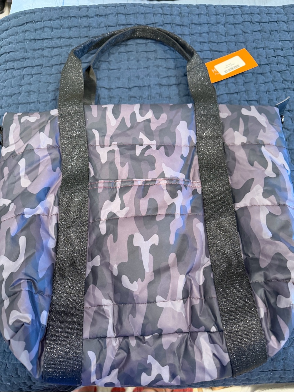 Gray & Black Camo women’s puff Tote Bag with an additional small cosmetic bag.